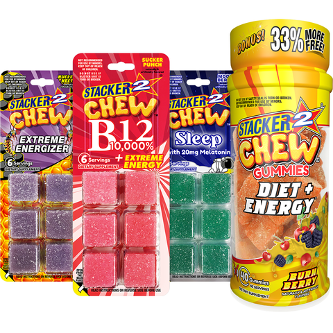 Stacker 2 Chew Gummies in 6ct blister packs and 40ct bottles